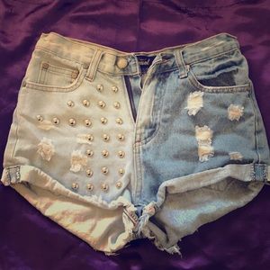 Dual blue shade jean shorts with silver studs
